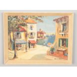 In the style of Cecil Rochfort D'Oyly-John, a framed oil on board, coastal Continental town with