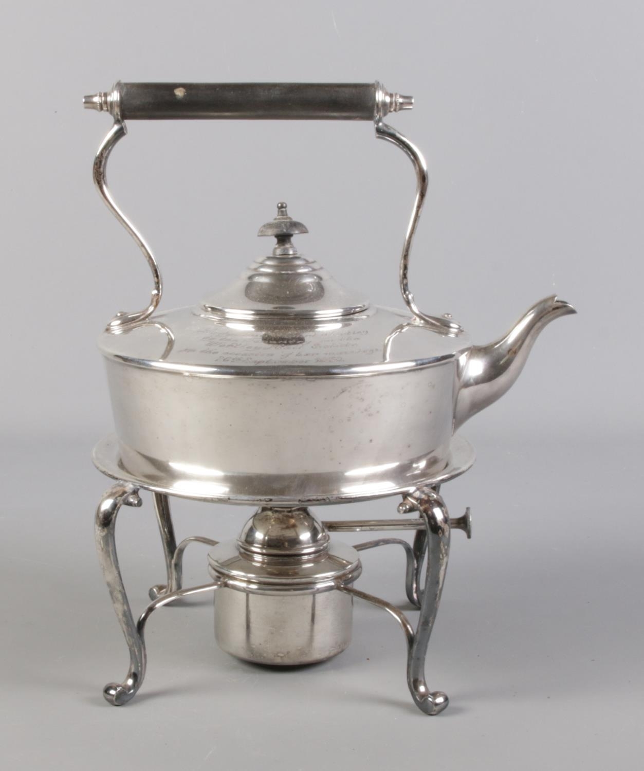 A silver plated spirit kettle presented to Lady Ann Stuart Wortley on the occasion of her marriage