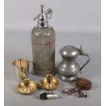 A small selection of collectables. To include a Sparklets of London mesh Soda Siphon, a pair of