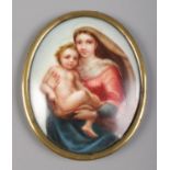 A 19th century painted porcelain miniature Madonna and Child. In gilt metal mount. 7.5cm x 6cm.