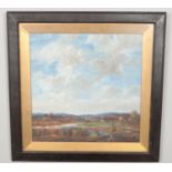 A parcel gilt framed oil, rural landscape scene. Signed indistinct. 37cm x 37cm.