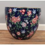 A large ceramic planter by Booths in the Peony & Lilac pattern. H: 33.5cm D:38cm. Chip to base and