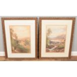 J Scott, a pair of gilt and oak framed 19th century watercolours, landscape scenes with cattle. 50cm
