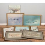 A collection of pictures and prints. Including gilt framed oil on canvas of a ship in battle, etc.