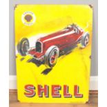 A 1940s/1950s style enamelled advertising sign for Shell by Bruton Palmers Green. Incorporating