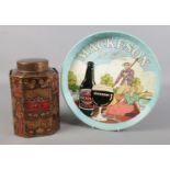 An art nouveau style tea caddy with Mackeson advertising tray. Tea Caddy: H: 22cm.