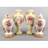 Four large floral vases. Comprising of two lidded vases. Tallest: H: 47cm. Repair to one of the