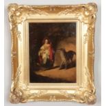 After Henry Liverseege (1802-1832), a gilt framed oil on board, Little Red Riding Hood. 22cm x 18cm.