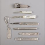 A collection of silver items, to include Sampson Mordan and Co. pencil holders, Mother of Pearl