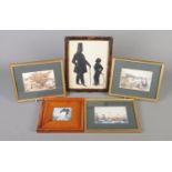 A framed Victorian silhouette, together with four framed prints including one depicting a geisha