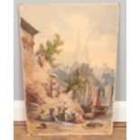 Augustus Constantin, an unframed watercolour, townscape with figures by the waters edge. 51cm x