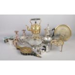 A box of assorted metalwares. To include a E Poston & Co of London teapot, milk and sugar bowl,