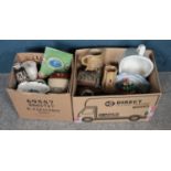 Two boxes of miscellaneous, to include frosted glass dressing table set, assorted stoneware,