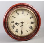 A Mahogany cased wall clock. Comprising of enamel dial and roman numerals. D: 28cm Missing key and