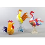 Three Murano style multicoloured glass Roosters.