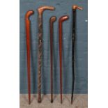 A collection of five walking sticks, to include ebonised and carved examples.