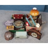 Two boxes of miscellaneous. Includes oil lamp, Bentima clock, jewellery box etc.