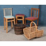 A quantity of assorted items, to include vinyl covered chairs, wicker log basket and brass bound