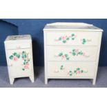 A matching painted chest of three drawers, together witch small bedside cabinet, decorated with