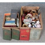 Two boxes of miscellaneous. Includes stoneware jugs with greyhound handles, books, toby jugs etc.