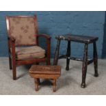 A child's Atcraft chair together with two stools, one small oak example.