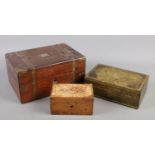 An antique brassbound box along with a leather jewellery box and smaller wooden box.