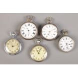 Two silver and three white metal pocket watches for repair. The two silver examples assayed for