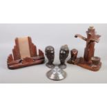 Four pieces of woodenware. Including busts, art deco picture frame, table lamp, etc.