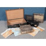 A quantity of miscellaneous. To include vintage wooden suitcase, cased records, RAF topographical