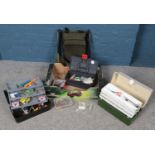 A box of fly fishing equipment etc.