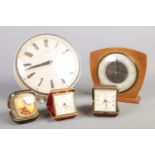 A quantity of clocks. To include Westclox travel clock, Smiths mantel clock, Metamec wall clock etc