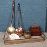 A quantity of miscellaneous. To include brass fender, two warming pans, brass planter etc