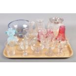 A collection of glassware. Includes Victorian examples, pair of art glass jugs, decanter and glass