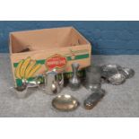 A quantity of metalwares. To include musical pewter tankard, plated coffee pot, three sets of