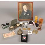 A quantity of collectables. Including Mauchline ware, Zippo lighter, 1920 & 1921 florin, framed