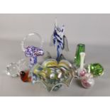 A collection of art glass. Includes fish, basket, dish etc.