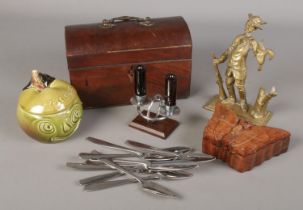 A quantity of collectables. Includes Georgian walnut tea caddy, novelty candlestick cruet set,