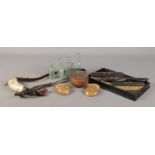 A small quantity of collectables, to include horn flask, dressing table set and vintage chemist