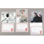 Autographed photographs of Stephen Fry, Michael Sheen and Archie Gemmill.