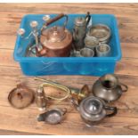 A box of metalwares. Includes copper kettle, silver plated items, brass trumpet etc.