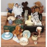 Two boxes of miscellaneous. Including Royal Worcester china, teddy bears, Bunnykins, Sylvac, etc.