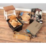 Three boxes of miscellaneous. Includes calorimeter, Webby bears, Gould oscilloscope, stool etc.