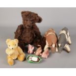 A collection of soft toys. Includes fully jointed bear, Hermann bear, Brendatoys etc.