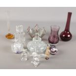 A collection of art glass. Including handkerchief bowl, paperweights, scent bottles, vases, etc.