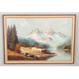 A large framed oil on canvas, Alpine scene, unsigned. 60cm x 90cm.