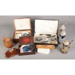 A quantity of collectables including musical steins, dominoes, ink stand, tankard, linens,