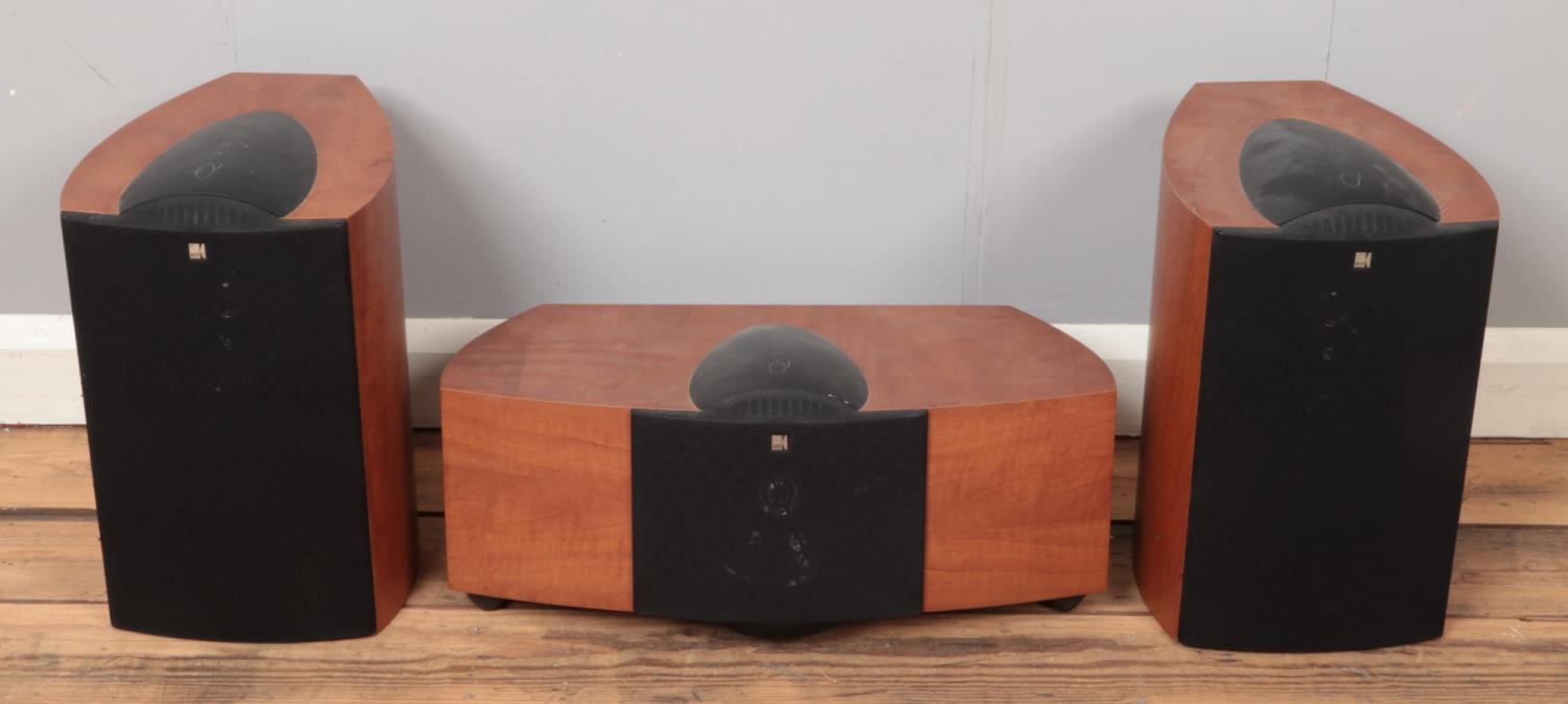 Three wood effect KEF 'Q series' speakers. Unable to test.