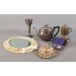 A collection of assorted items, to include Bossons mirror, bone sewing kit, coffee percolator and