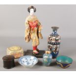 A quantity of orientalware. Including cloisonnÃ©, geisha girl on stand, blue & white trinket dish,