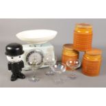 A collection of vintage items. Includes Tower scales, Hornsea storage jars, HomePride flour